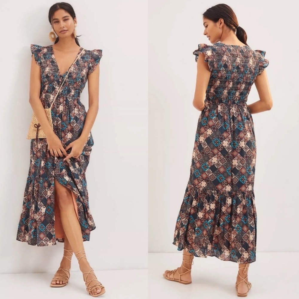 Anthropologie Peregrine Dress Smocked Boho‎  Patterned Printed Midi Dress